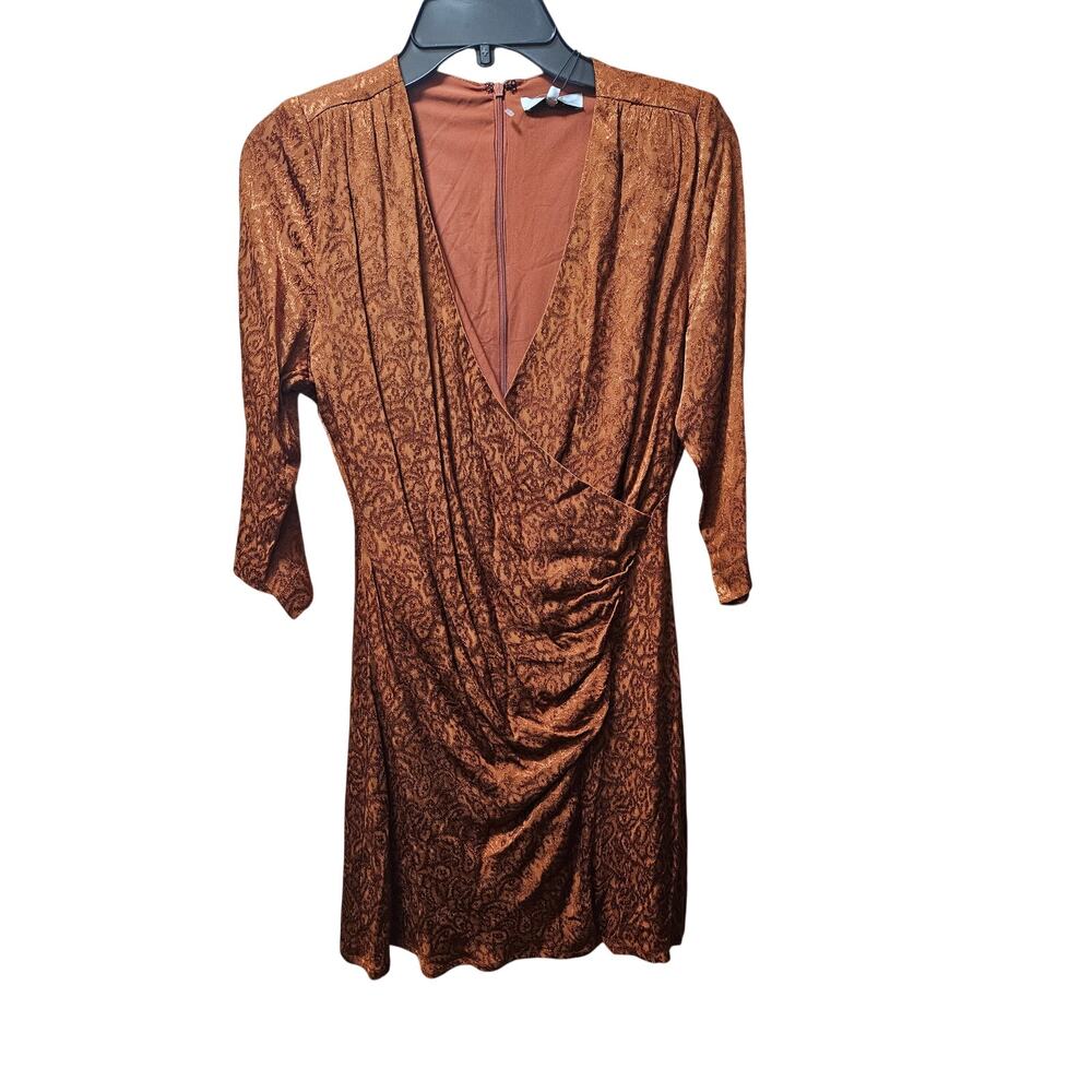 NWT Suncoo Paris Coline Ruched Jacquard Wrap Dress Rust Brown T1 Small